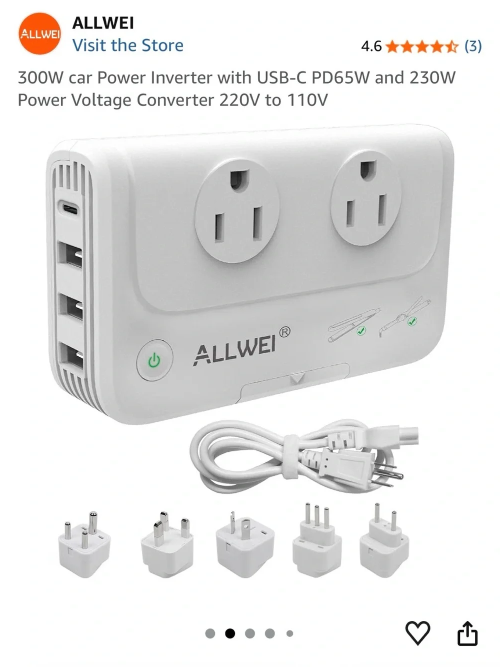 300W White Travel Power Charger  with USB-C PD65W & 230W Converter